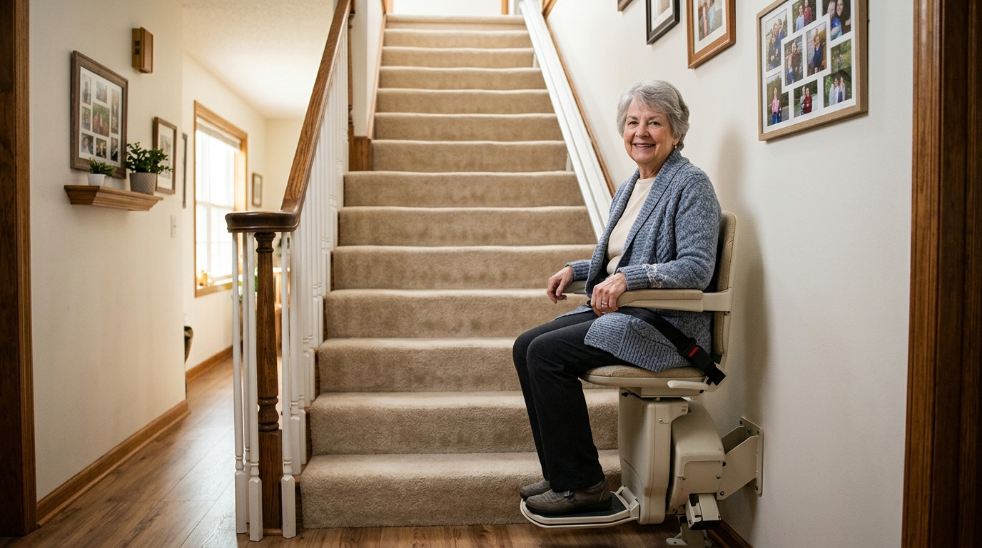 Smiling woman seated on a beige stairlift at the bottom of a carpeted staircase