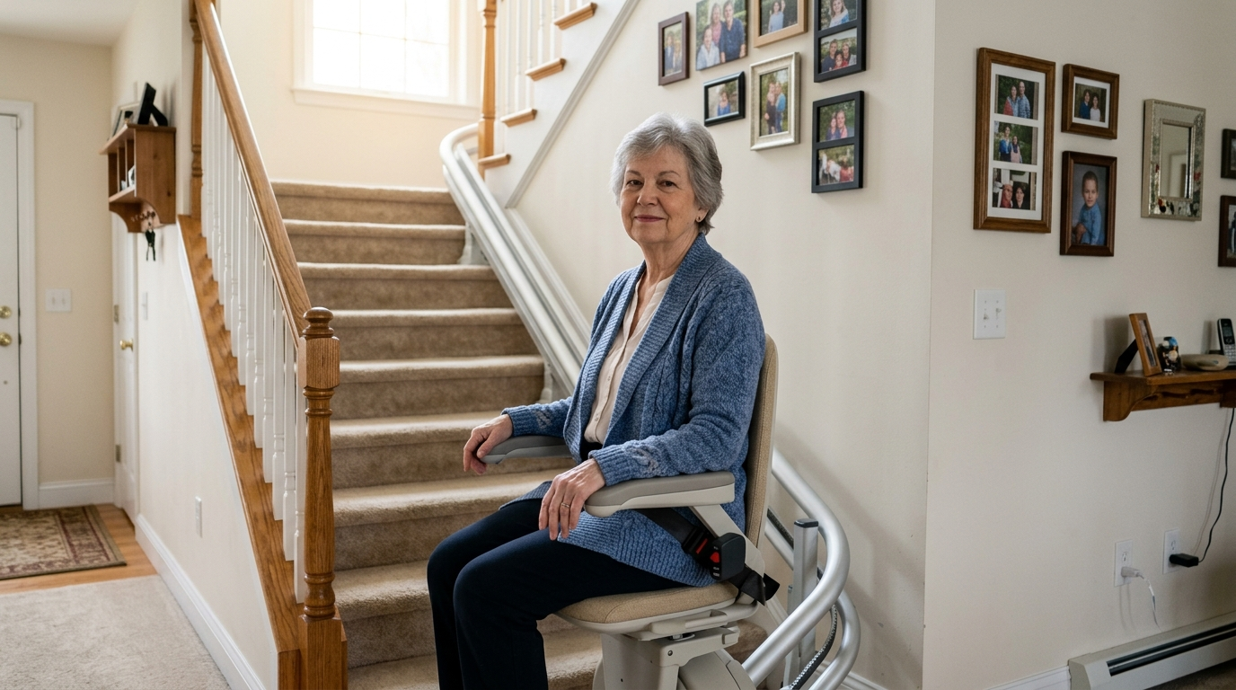 Woman seated on a curved stairlift in a hallway with family photos on the wall