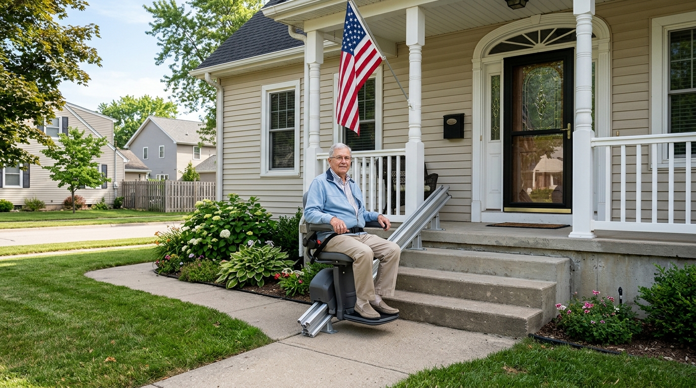 Man seated on an outdoor stairlift beside the front porch steps of a home