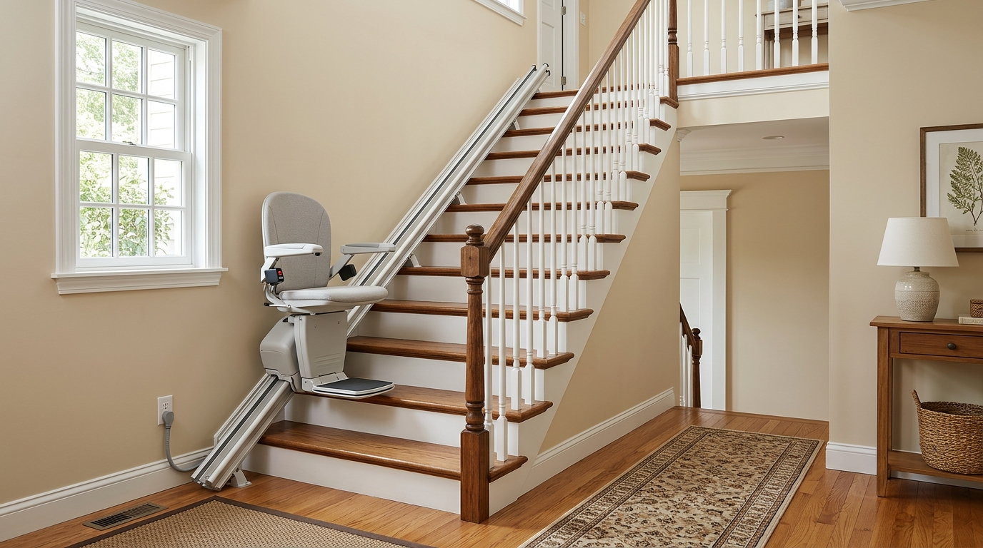 Beige stairlift parked at the foot of a wooden staircase in a bright entryway