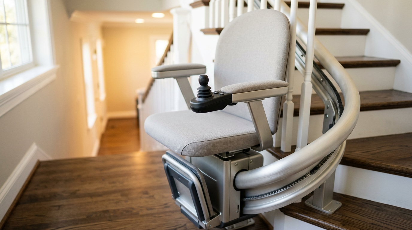Close-up of a stairlift seat with joystick control on a curved rail