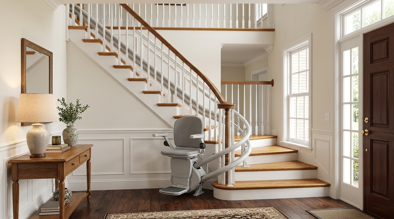 Grey stairlift on a curved rail in an elegant entryway with a wooden staircase