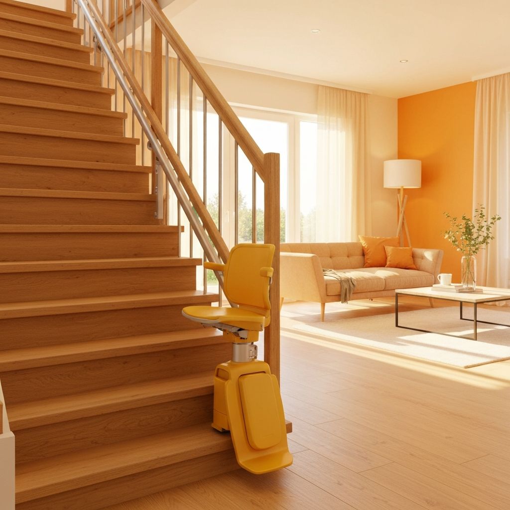 Beige stairlift on wooden stairs with window view