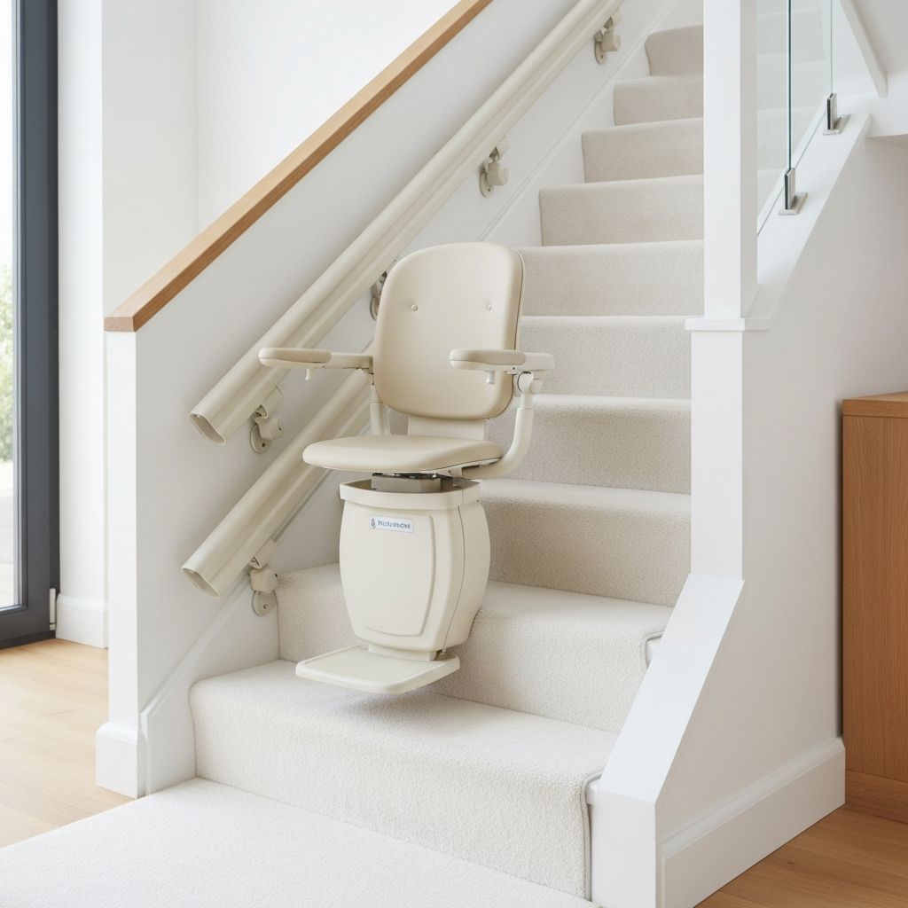 Cream stairlift on white wooden stairs
