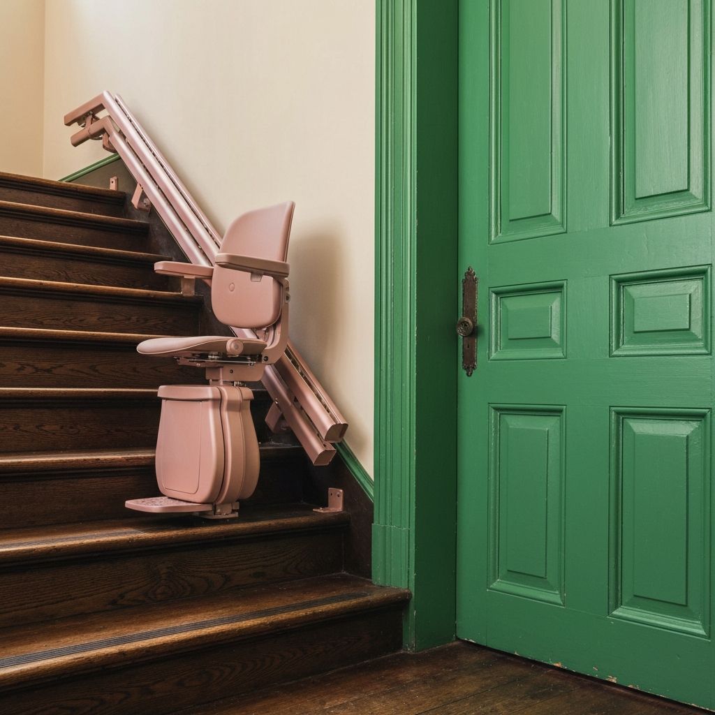 Rose stairlift on dark stairs next to green door