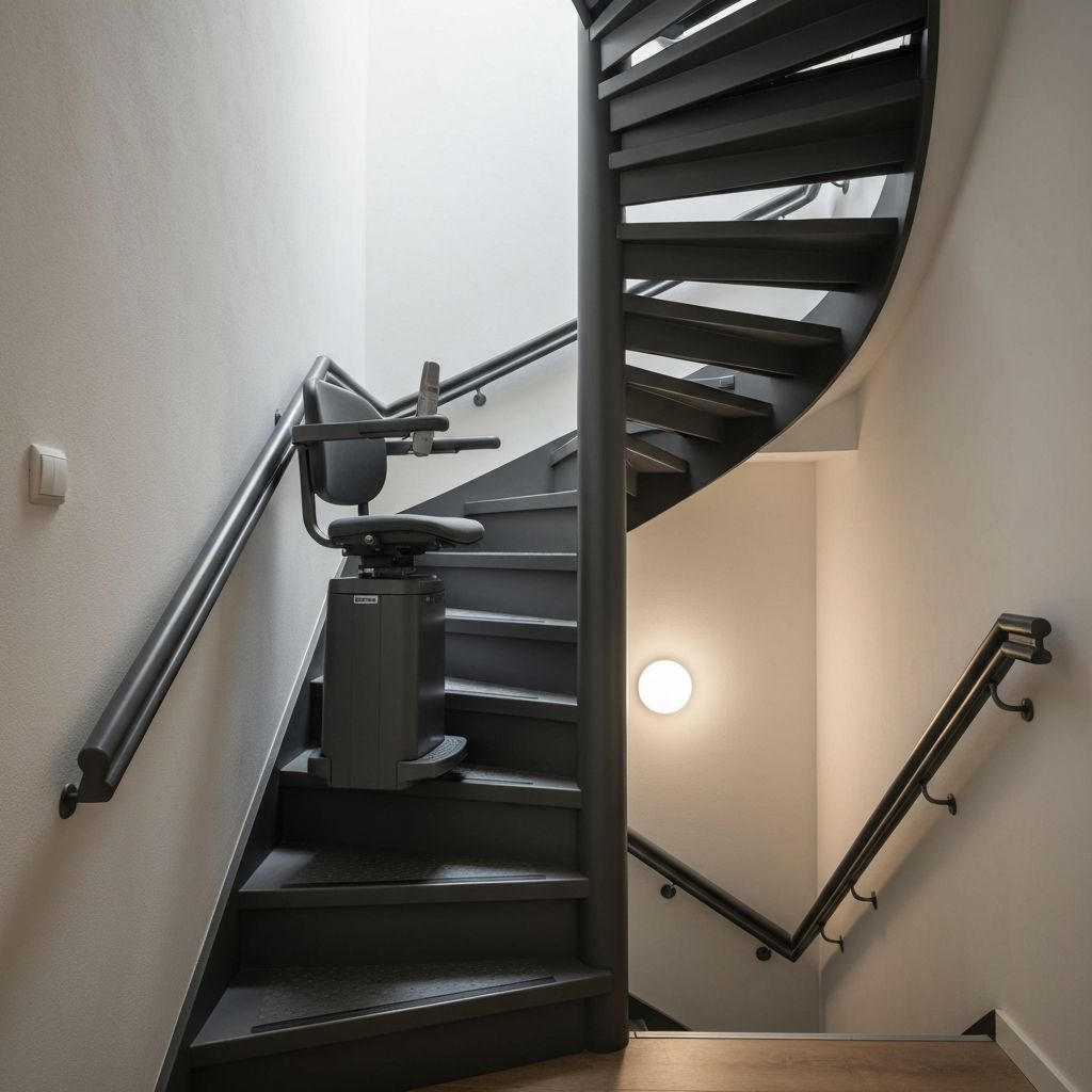 Dark stairlift on narrow staircase